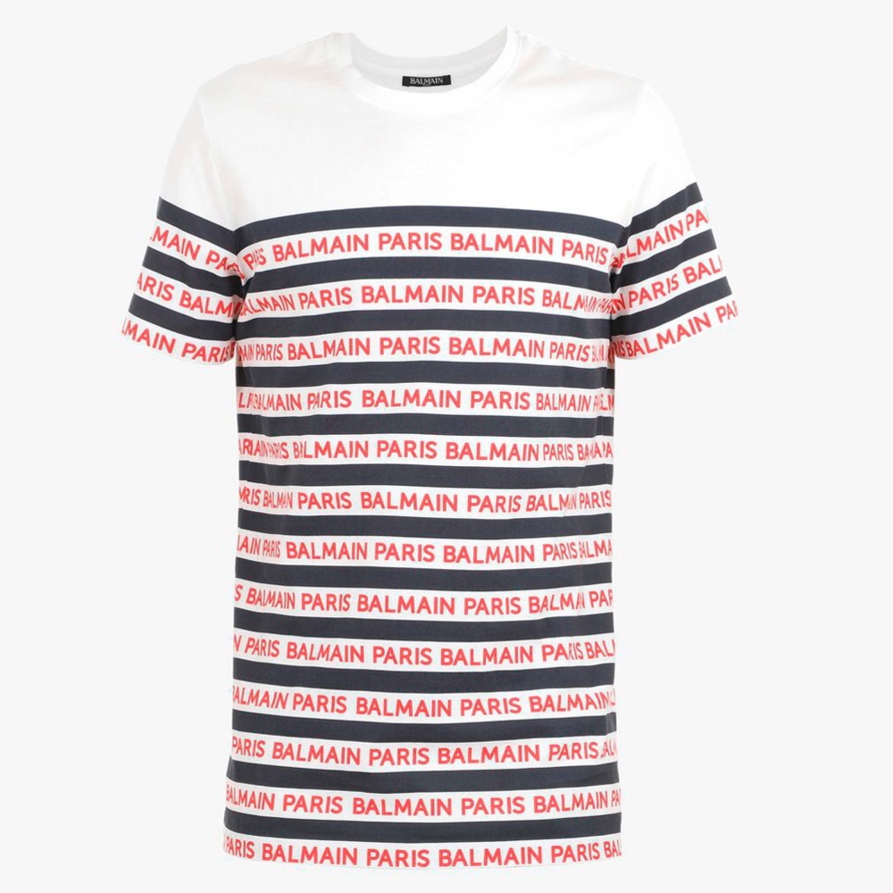 Balmain Striped Cotton T-Shirt With Balmain Logo